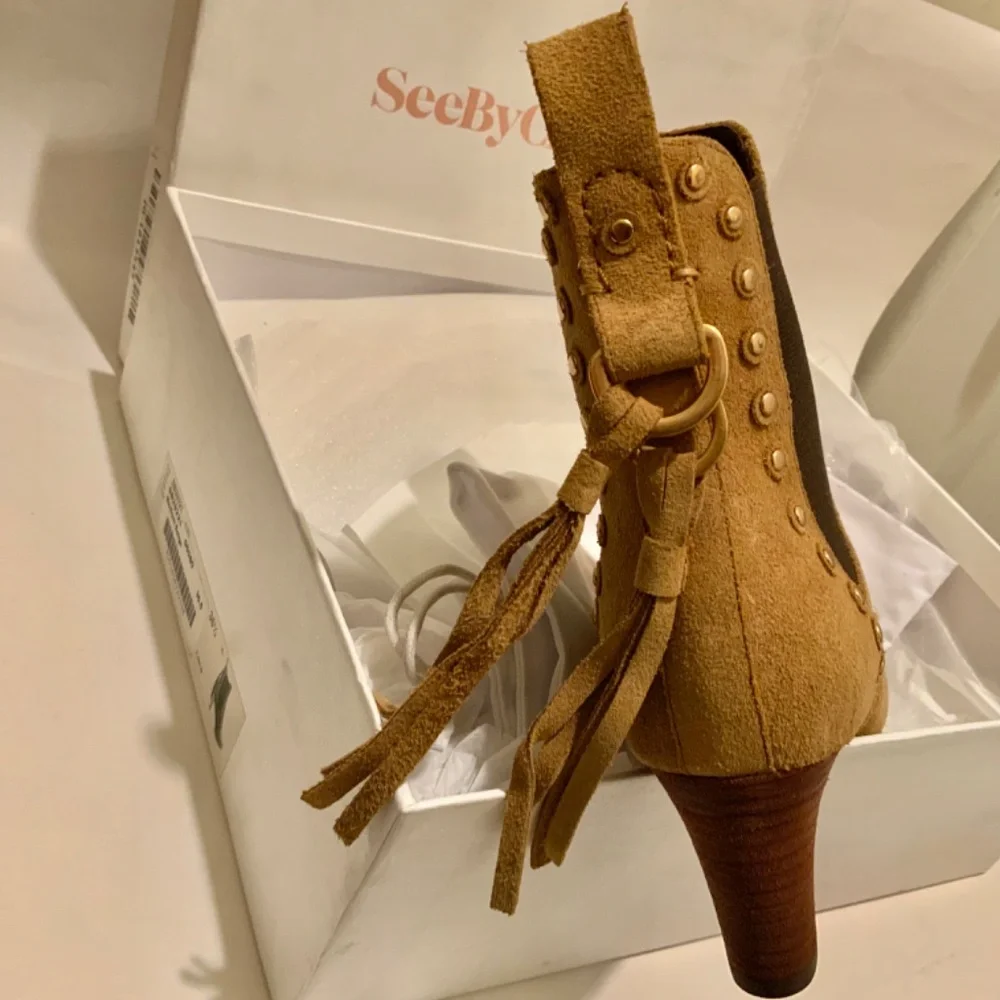 See by Chloé Beige Tan Suede Tasseled Studded Chelsea Ankle Boots Boho Booties